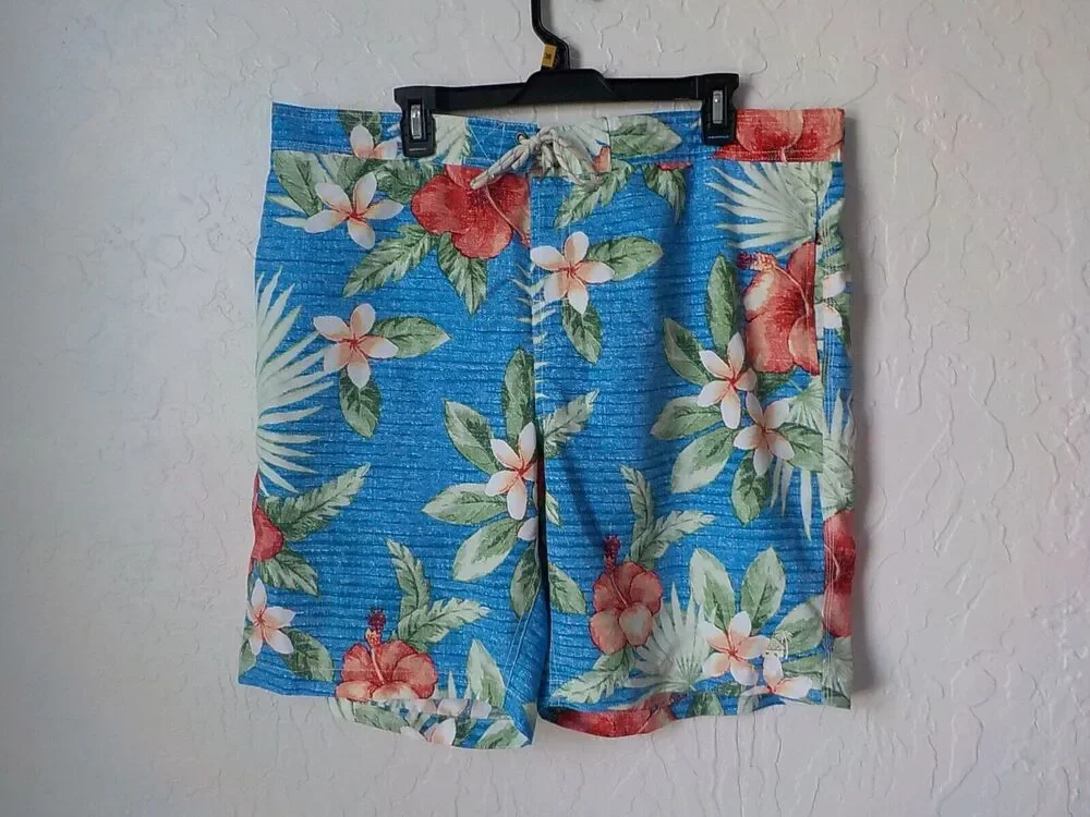 Caribbean Joe Blue Swim Shorts Trunks Men size 2X Hawaiian Floral Elastic Waist